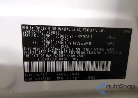 2020 Toyota Rav4 Hybrid Limited z USA, uszkodzony, nr VIN 4T3DWRFV3LU010450